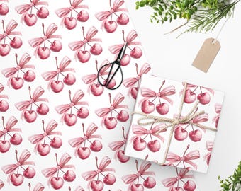 Cherries Coquette Wrapping Paper, Pink Bow Gift Wrap, Soft Girl Birthday