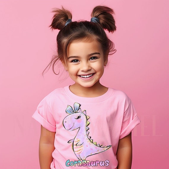 Personalized Girl Dinosaur Shirt, Custom Birthday Gift Toddler Baby Kids Purple Pink T-Rex Bow