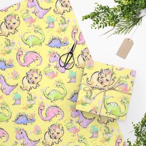 Cute Girl Dinosaur Wrapping Paper Dino, Girl Dinosaur Gifts, Dinosaur Gift Wrap, Dinosaur Birthday, Girl Dinosaur,Kids Wrapping Paper Yellow