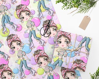 Girls Roller Skating Birthday Wrapping Paper, Retro 90s Skater Gift Wrap