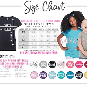 May include: A size chart for Next Level 3710 Girl's Princess Tee shirts, with measurements in inches. The chart includes sizes XS to XL, with chest measurements ranging from 58.4 to 83.8 cm. The image also shows a black t-shirt and two young girls wearing the shirts.