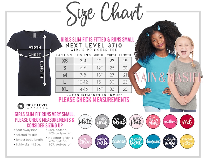 May include: A size chart for Next Level 3710 Girl's Princess Tee shirts, with measurements in inches. The chart includes sizes XS to XL, with chest measurements ranging from 58.4 to 83.8 cm. The image also shows a black t-shirt and two young girls wearing the shirts.