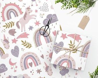 Boho Unicorn Rainbow Wrapping Paper, Baby Shower Gift Wrap, Birthday Girl Paper