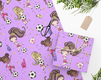 Mädchen Fußball Geschenkpapier, Geburtstagsparty Geschenkpapier, Team Grafik, Matte Oberfläche