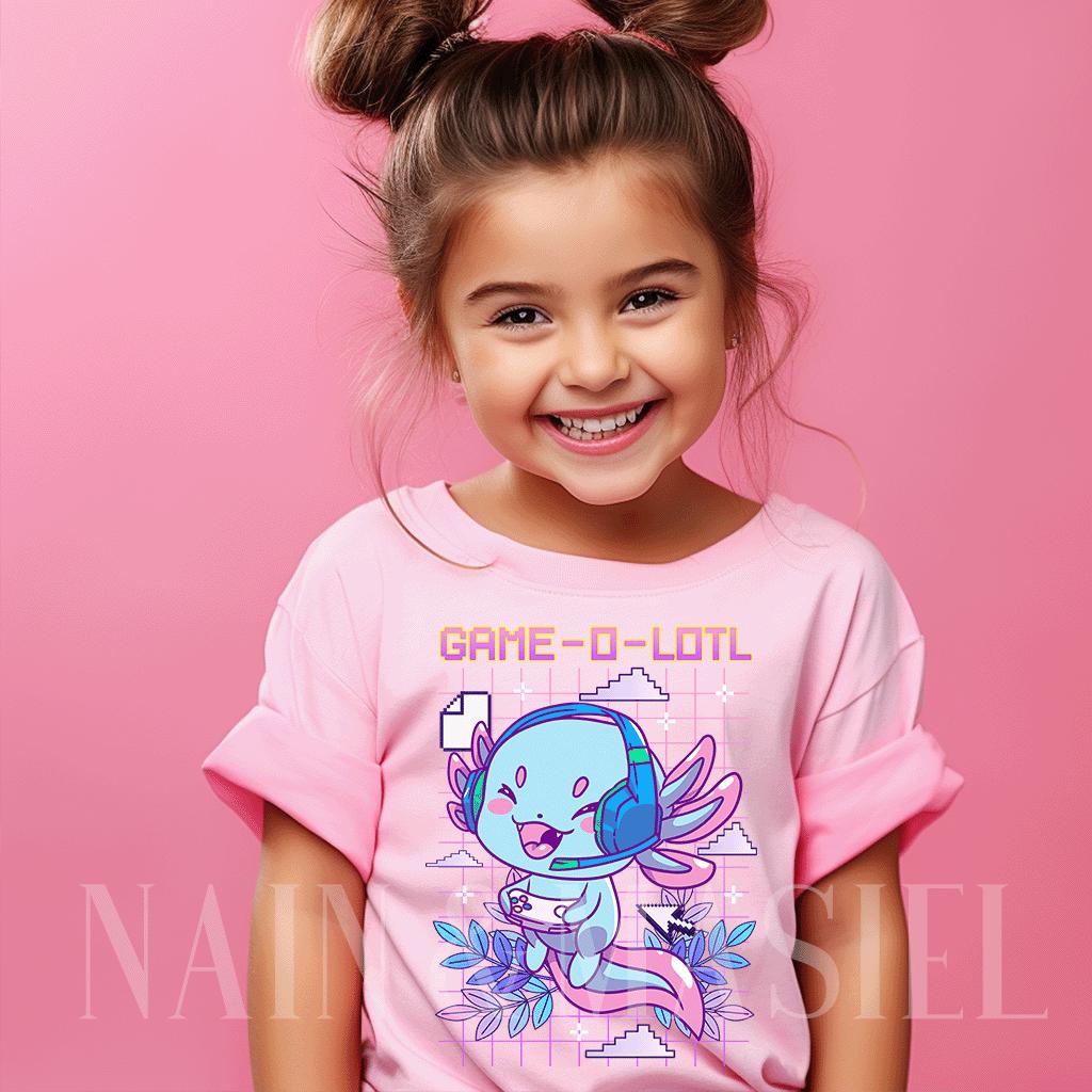 Axolotl Gamer Kids T-shirt - 'game-o-lotl' Video Game Pink