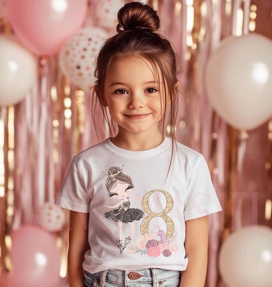 8th Birthday Ballerina T-Shirt, Black Swan Tutu, Dark Hair Ballerina, Birthday Girl Shirt