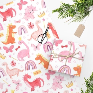 Papel de regalo de dinosaurio bohemio para niña, regalos de dinosaurio para niña, papel de regalo de dinosaurio, papel de regalo para bebé, cumpleaños de princesa arcoíris