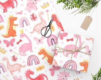 Boho Dinosaur Wrapping Paper, Pink Princess Dino Gift Wrap, Birthday Party Supplies