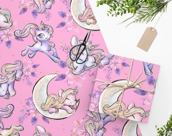 Papel de regalo con diseño de unicornio y luna celestial, papel de regalo rosa para cumpleaños, ideal para fiestas infantiles.