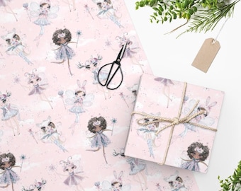 Winter Fairy Wrapping Paper, Pink Fae Snow Holiday Kids Gift Wrap
