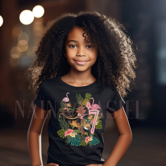 Black Girl 7th Birthday Shirt Tiki Hawaiian Luau Polynesian,7th 