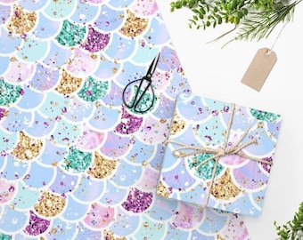 Mermaid Scales Wrapping Paper, Faux Glitter Gift Wrap, Kids Birthday Party Supplies