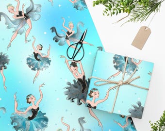 Ballerina Wrapping Paper, Ballet Dancer Gift Wrap, Matte Finish, Blue Tones