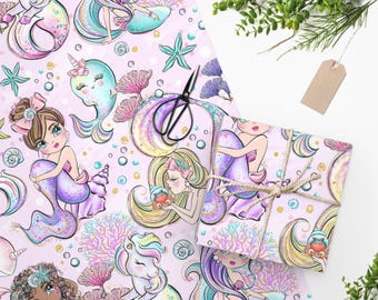 Mermaid Wrapping Paper, Mermaid Gift Wrap, Girls Under Sea Party Pink