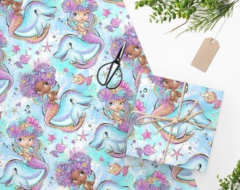 Mermaid Dolphin Wrapping Paper, Matte Finish Gift Wrap, Baby Shower Party