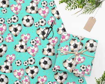 Aqua Teal Fußball Herz Geschenkpapier, Mädchen Geburtstag Geschenkpapier, matt Papier