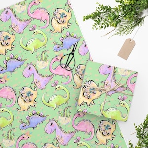 Girl Dinosaur Wrapping Paper Dino, Girl Dinosaur Gifts, Dinosaur Gift Wrap, Dinosaur Packaging, Girl Dinosaur, Kids Wrapping Paper, Green