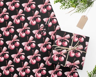 Cherries Coquette Wrapping Paper, Pink Bow Gift Wrap, Soft Girl Birthday