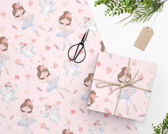 Ballerina Swan Floral Wrapping Paper, Ballet Birthday Gift Packaging