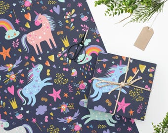 Papel de regalo de unicornio bohemio, papel de regalo con acabado mate rústico, ideal para fiestas de cumpleaños infantiles.