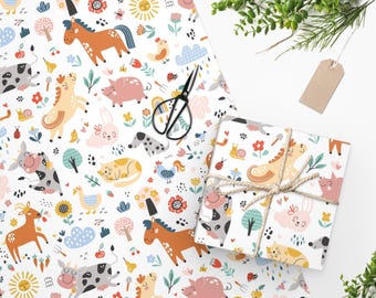 Boho Bauernhof Geschenkpapier, Bauernhof Tier Geburtstag, Bauernhof Geschenkpapier, Bauernhofparty, Bauernhof Babyparty, Kinderpapier Jungen Mädchen Kuh Pferd Schwein