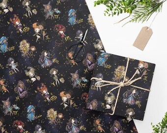Papel de regalo con signos del zodiaco, papel de regalo astrológico, símbolos del horóscopo, acabado negro mate.