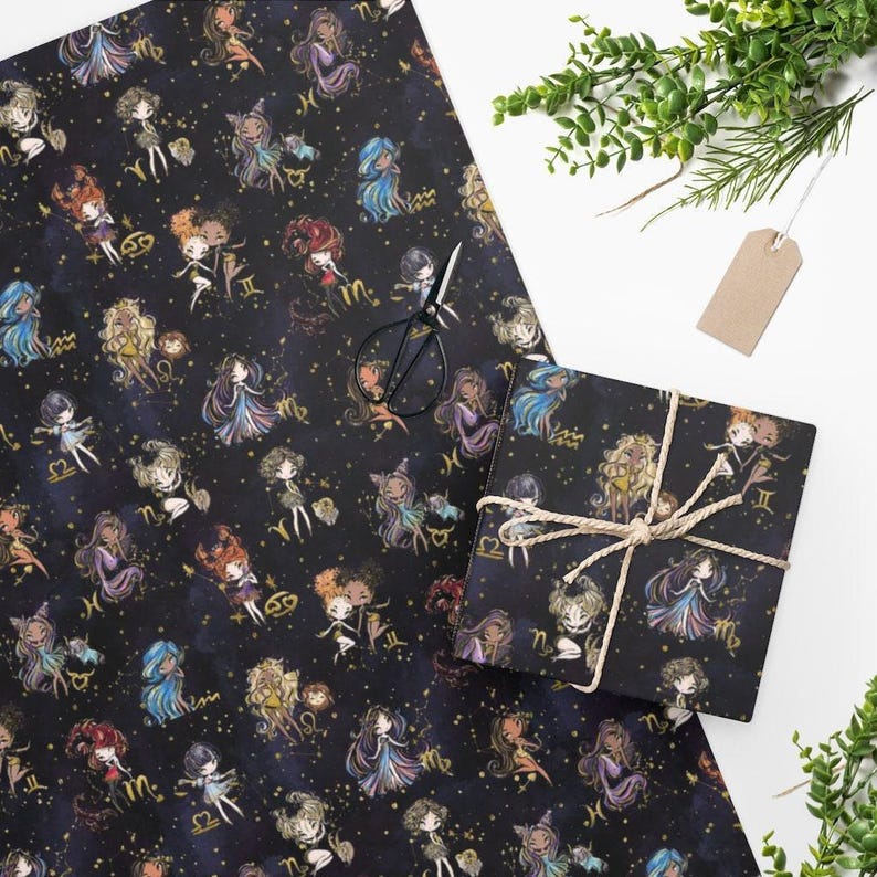 Inpakpapier sterrenbeelden, cadeauverpakking astrologie, horoscoopsymbolen zwarte matte afwerking afbeelding 1