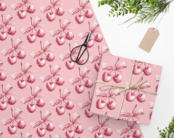 Cherries Coquette Wrapping Paper, Pink Bow Gift Wrap, Soft Girl Birthday