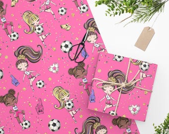 Mädchen Fußball Geschenkpapier, Geburtstagsparty Geschenkpapier, Team Grafik, Matte Oberfläche
