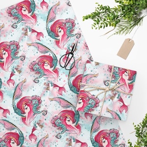 Christmas Mermaid Wrapping Paper, Christmas Mermaid Gift Wrap, Mermaid Gift Wrap, Mermaid Wrapping Paper, Holiday Mermaid Red Hair
