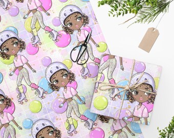 African American Girl Roller Skating Wrapping Paper, Retro Birthday Gift Wrap