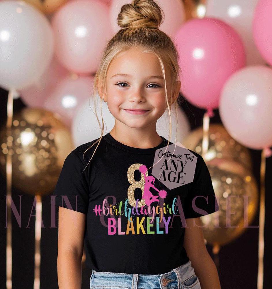 Girls Cheerleader Birthday Shirt, Cheer Tee, Custom Age Name,Girls Rainbow Glitter Cheerleading Birthday Girl Shirt