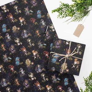 Inpakpapier sterrenbeelden, cadeauverpakking astrologie, horoscoopsymbolen zwarte matte afwerking afbeelding 2