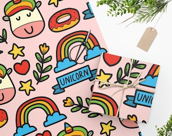 Doodle Unicorn Wrapping Paper, Rainbow Stars, Hearts, Donuts Gift Wrap