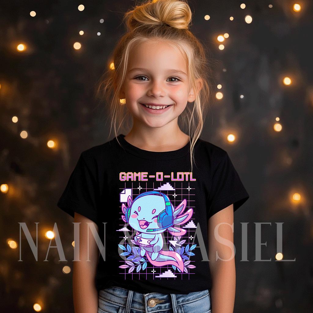 Axolotl Gamer Kids T-shirt - 'game-o-lotl' Video Game Pink