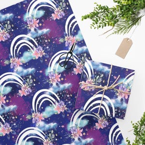 Carta da regalo floreale arcobaleno, carta da regalo arcobaleno, sacchetto regalo arcobaleno, nuvole arcobaleno retrò, carta da regalo per baby shower, carta da regalo per bambini arcobaleno bianco