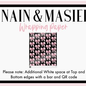 The image is a sign for wrapping paper, featuring a repeating pattern of pink bows on a black background.