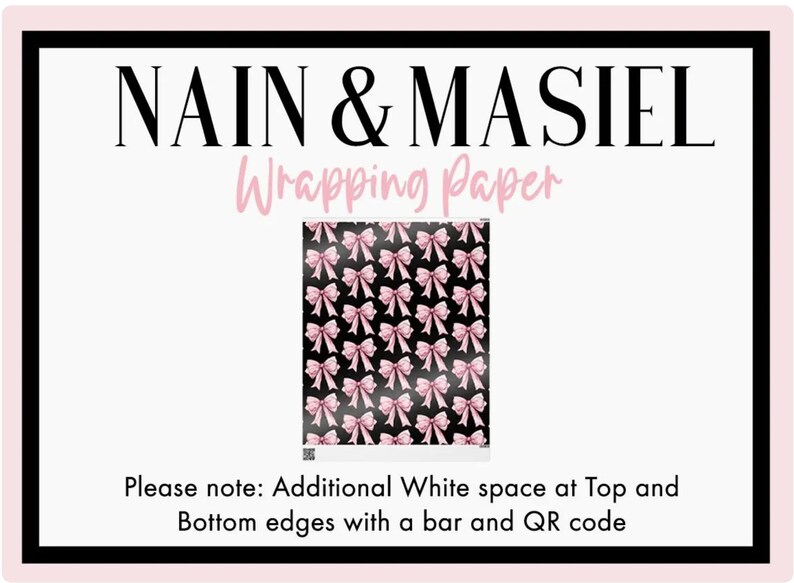 The image is a sign for wrapping paper, featuring a repeating pattern of pink bows on a black background.