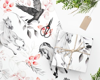 Floral Horse Wrapping Paper, Equestrian Gift Wrap, Matte Finish Paper