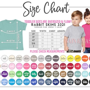 Puede incluir: Tabla de tallas para camisetas de punto fino para ni&ntilde;os peque&ntilde;os. La tabla incluye medidas en pulgadas para el pecho, el ancho y el largo para las tallas 2T a 7. Una paleta de colores con varias opciones se muestra debajo. El texto "NAIN & MASIEL" tambi&eacute;n es visible.