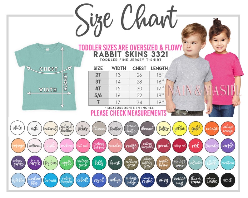 Puede incluir: Tabla de tallas para camisetas de punto fino para ni&ntilde;os peque&ntilde;os. La tabla incluye medidas en pulgadas para el pecho, el ancho y el largo para las tallas 2T a 7. Una paleta de colores con varias opciones se muestra debajo. El texto "NAIN & MASIEL" tambi&eacute;n es visible.