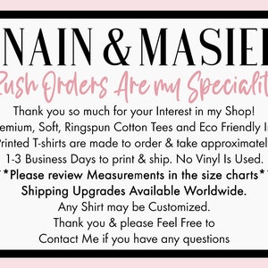 Puede incluir: Gr&aacute;fico con borde negro y fondo rosa. El texto dice "NAIN & MASIEL" y "Rush Orders Are my Speciality!". Texto adicional describe los productos y las opciones de personalizaci&oacute;n de la tienda.