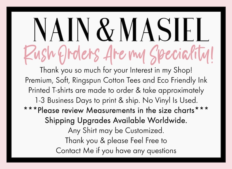 Puede incluir: Gr&aacute;fico con borde negro y fondo rosa. El texto dice "NAIN & MASIEL" y "Rush Orders Are my Speciality!". Texto adicional describe los productos y las opciones de personalizaci&oacute;n de la tienda.