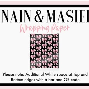 The image is a sign for wrapping paper, featuring a repeating pattern of pink bows on a black background.