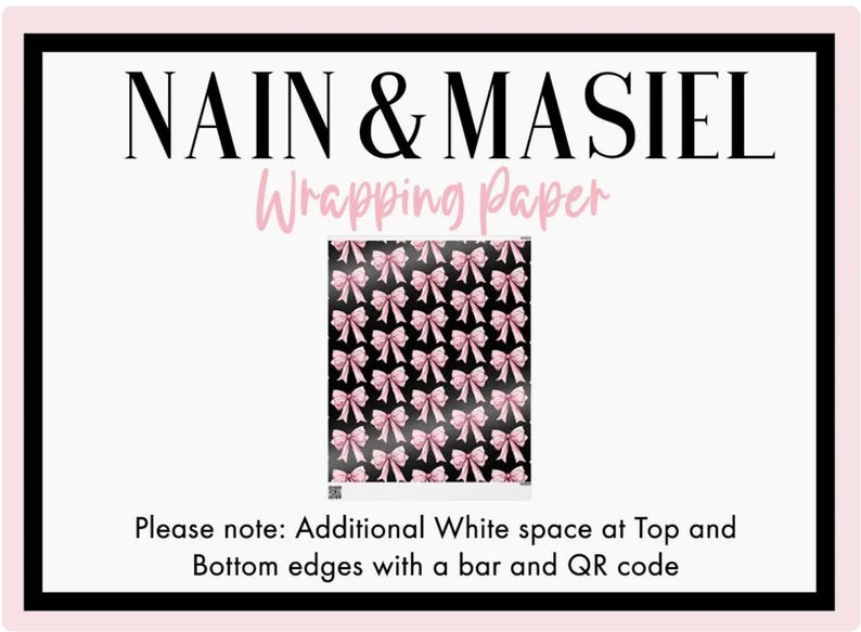 The image is a sign for wrapping paper, featuring a repeating pattern of pink bows on a black background.