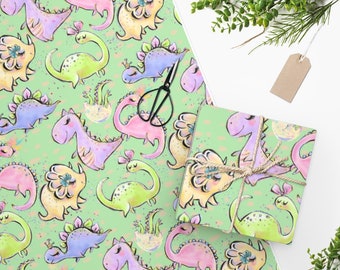 Girl Dinosaur Wrapping Paper Dino, Girl Dinosaur Gifts, Dinosaur Gift Wrap, Dinosaur Packaging, Girl Dinosaur, Kids Wrapping Paper, Green