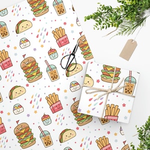 Kawaii Food Wrapping Paper Tacos Burger Fries Boba, Taco Wrapping Paper, Burger Wrapping Paper, Boba Wrapping Paper,Birthday Food Kids