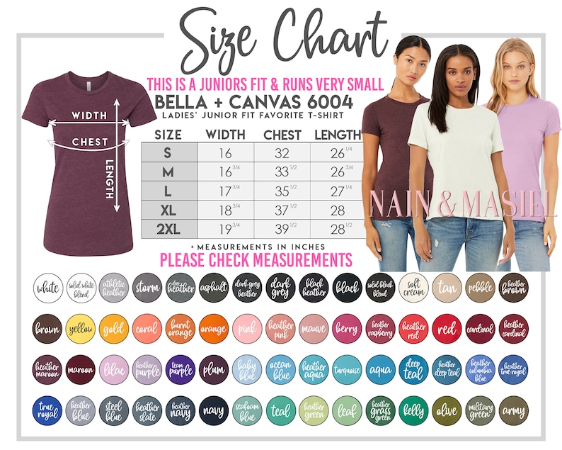 Puede incluir: Una tabla de tallas para una camiseta Bella + Canvas 6004 de corte juvenil. La tabla incluye medidas en pulgadas para el ancho, el pecho y el largo, junto con una paleta de colores. La imagen tambi&eacute;n presenta una camiseta granate y tres modelos que visten camisetas de diferentes colores.