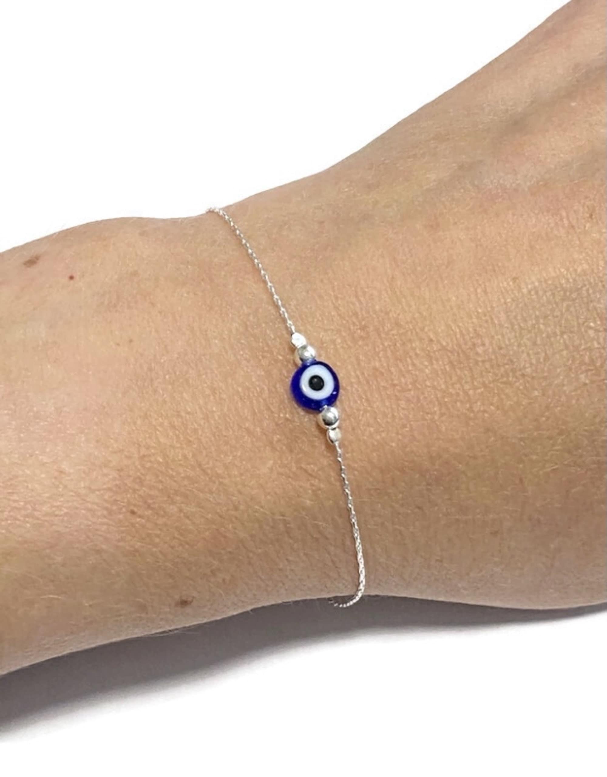 Karma Gems Blue Evil Eye Sterling Silver Minimalist Bracelet Etsy UK