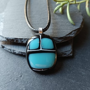 Handmade Fused Glass Pendant Necklace, Black & Blue, Unisex Boho Chic Jewelry, Unique Birthday Gift